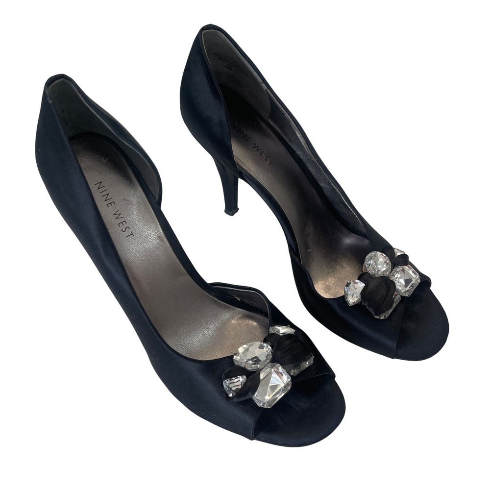 Nine West‎ Jemster Black Satin Crystal Embellished Peep Toe D'Orsay Heels 8M